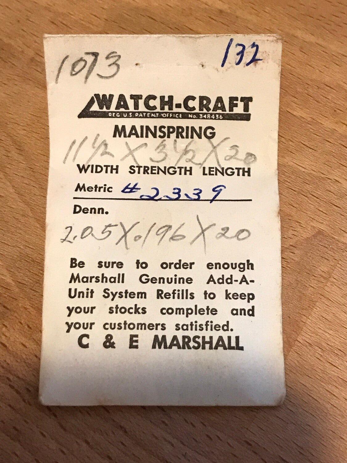 C&E Marshall Watch-Craft Mainspring 132 for Elgin 12s No. 2339 - Alloy