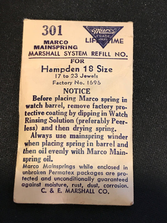 Marco Mainspring #301 for 18s Hampden Movements Factory No. 1696 - Steel