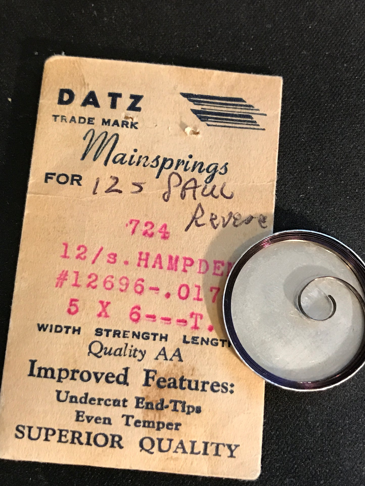 DATZ Mainspring #724 for Hampden 12s Factory No. 12696 - Steel