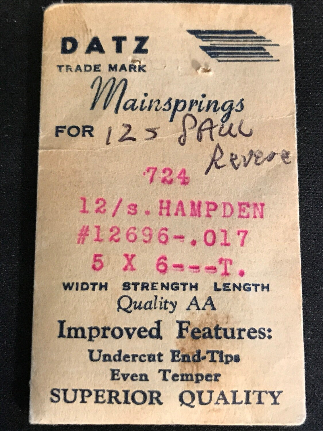 DATZ Mainspring #724 for Hampden 12s Factory No. 12696 - Steel
