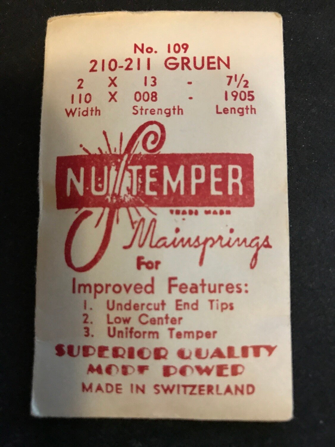 NuTemper Mainspring No. 109 for Gruen 210 - 211 - 212 caliber movements - steel