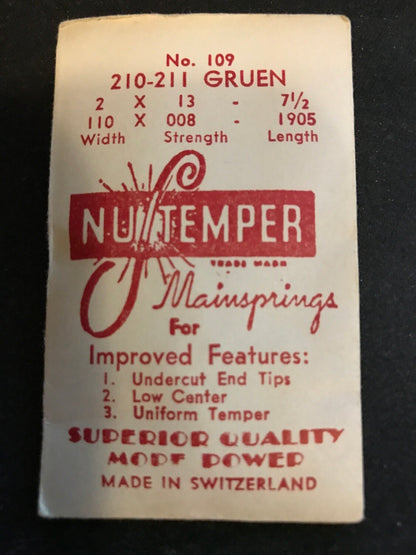 NuTemper Mainspring No. 109 for Gruen 210 - 211 - 212 caliber movements - steel