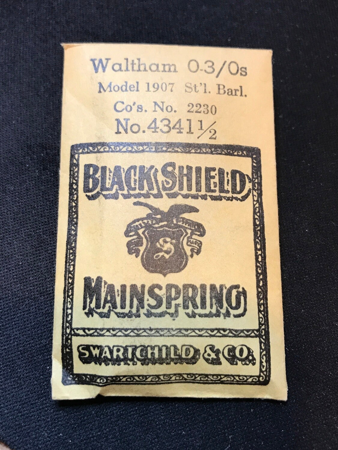 Swartchild Black Shield Mainspring #4341½ for Waltham 0s & 3/0s No. 2230 - Steel