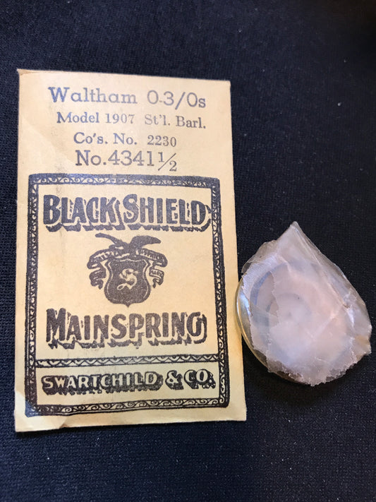 Swartchild Black Shield Mainspring #4341½ for Waltham 0s & 3/0s No. 2230 - Steel