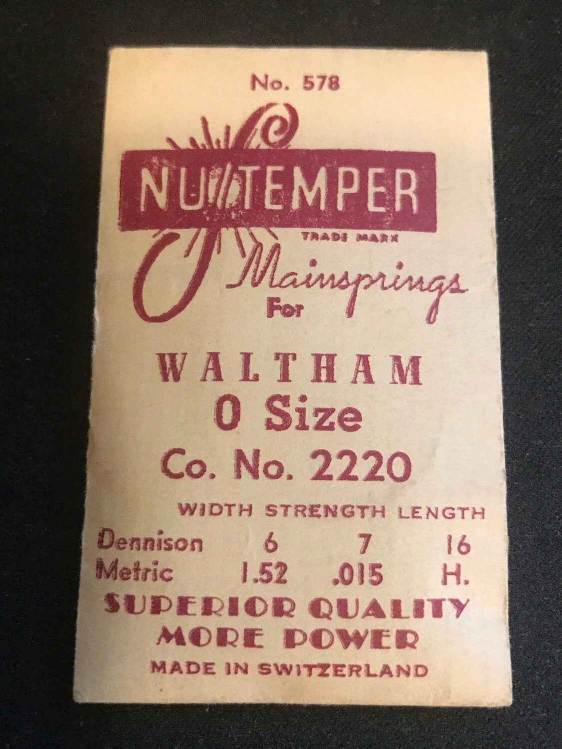 NuTemper Mainspring #578 for Waltham 0s Factory No. 2220 - Steel