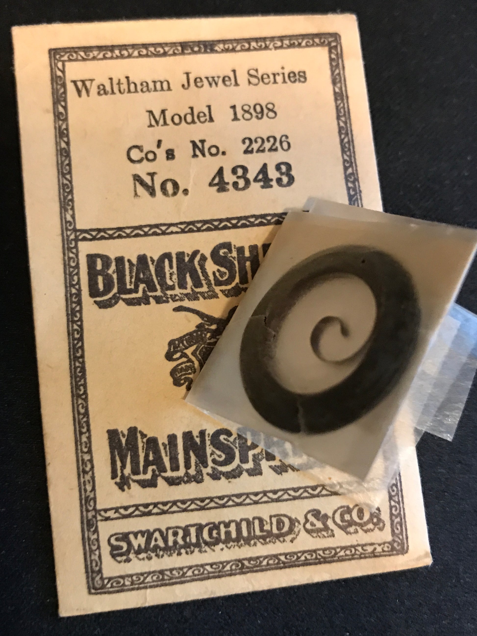Swartchild Black Shield Mainspring #4343 for Waltham 6/0s Model 1898 No. 2226 - Steel