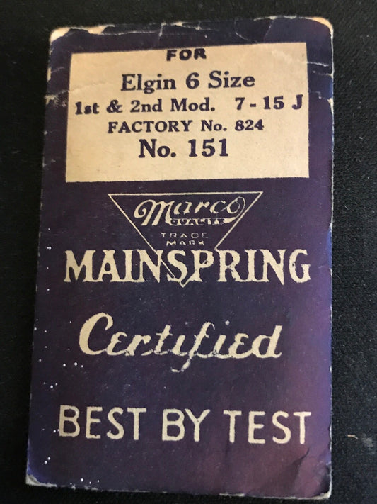 Marco Mainspring #151 for 6s Elgin movements Factory No. 824 - Steel