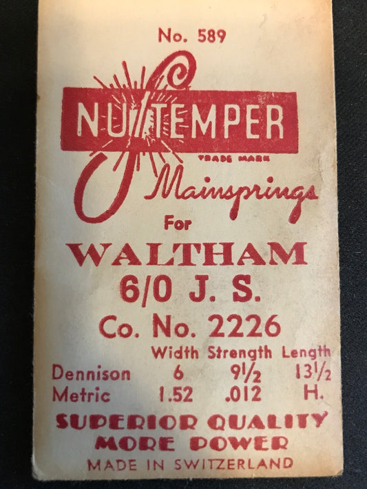 NuTemper Mainspring #589 for Waltham 6/0s Model 1898 No. 2226 - Steel