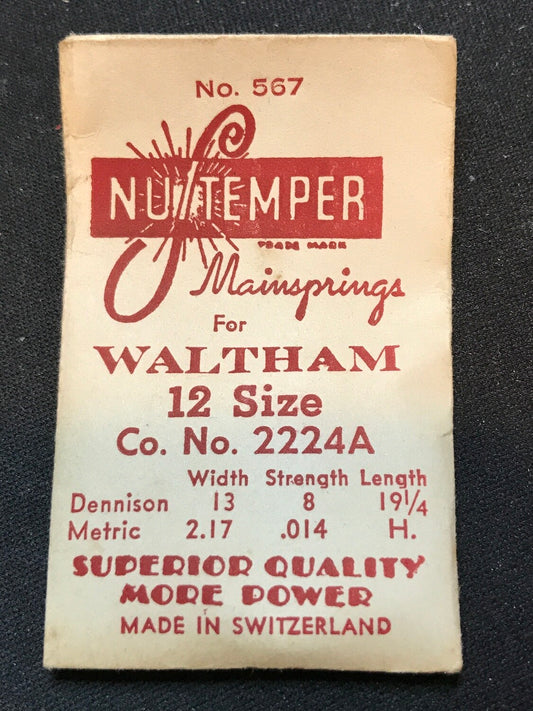 NuTemper Mainspring #567 for Waltham 12s Factory No. 2224A - Steel