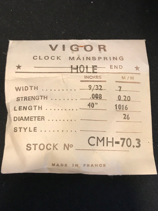 Vigor HOLE End Clock Mainspring - 9/32" x .008" x 40" Long - CMH 70.3