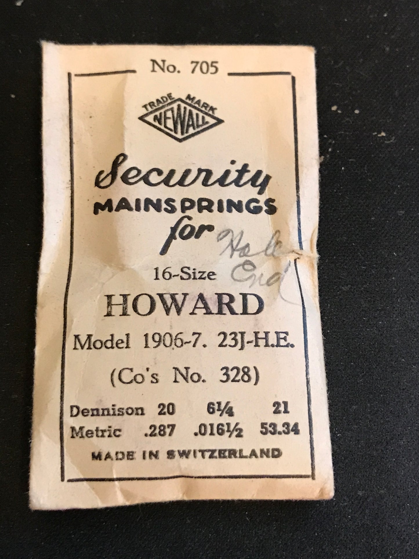 Newall Security Mainspring #705 for Howard 16s Factory No. 328 - Steel