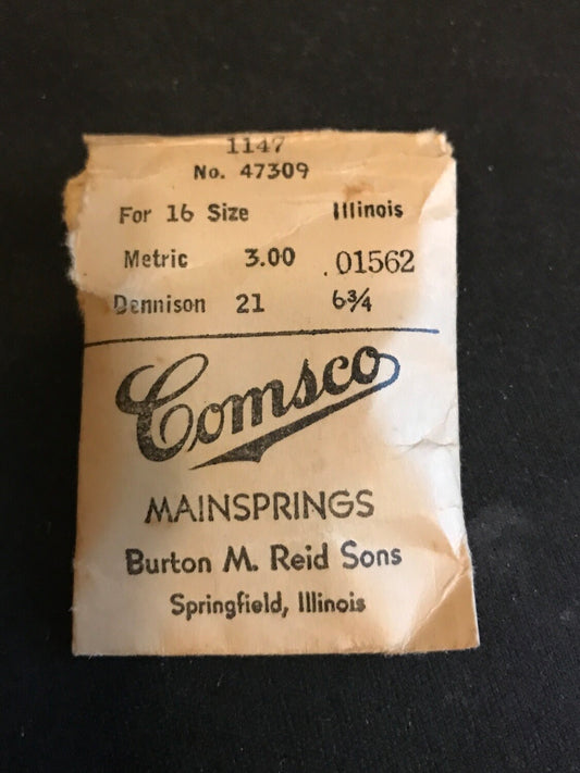 Comsco Mainspring #1147 for Illinois 16s 60hr Factory No. 47309 - Steel