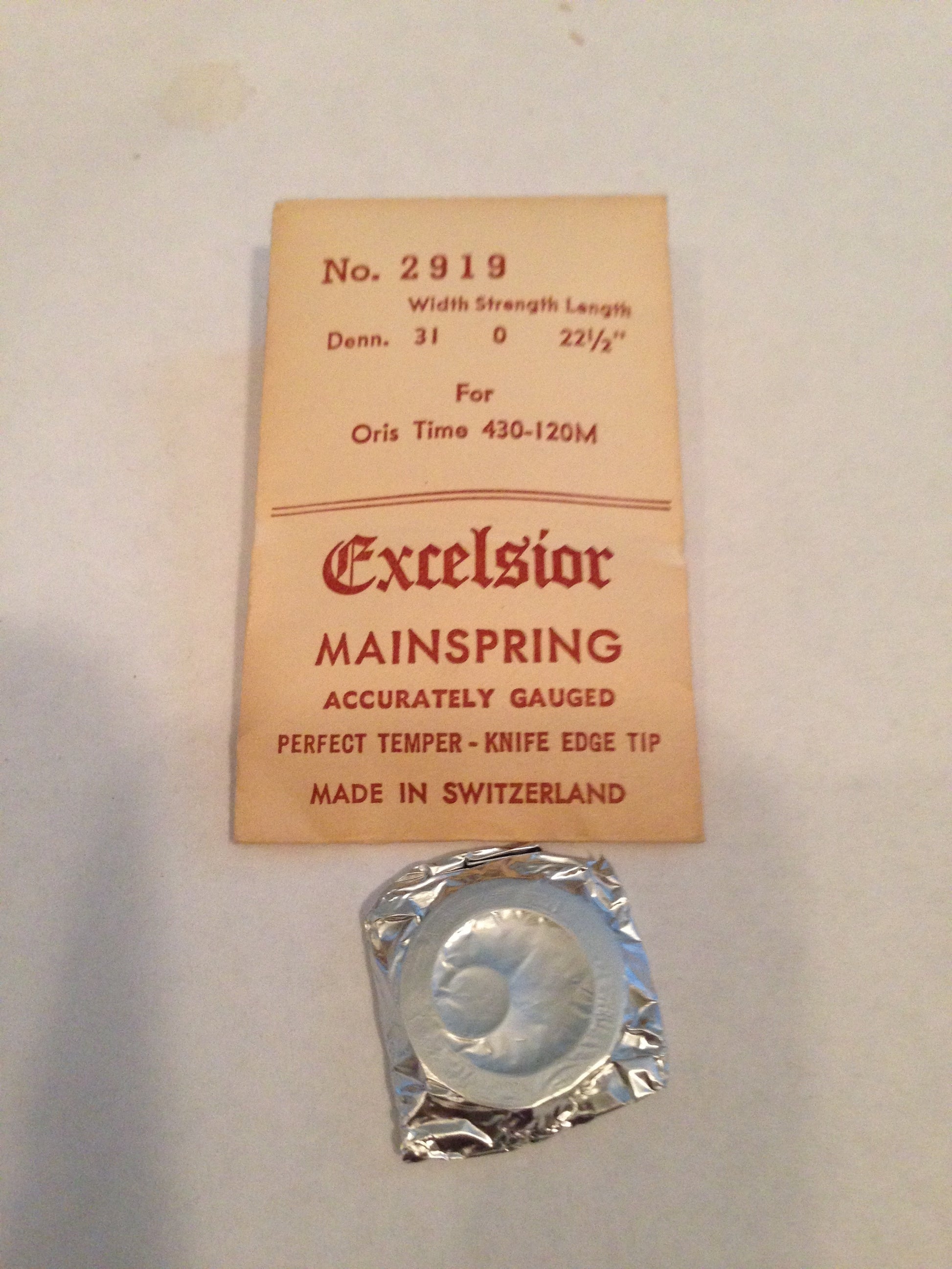 Excelsior #2919 TIME Mainspring for ORIS models 430-120M Clock