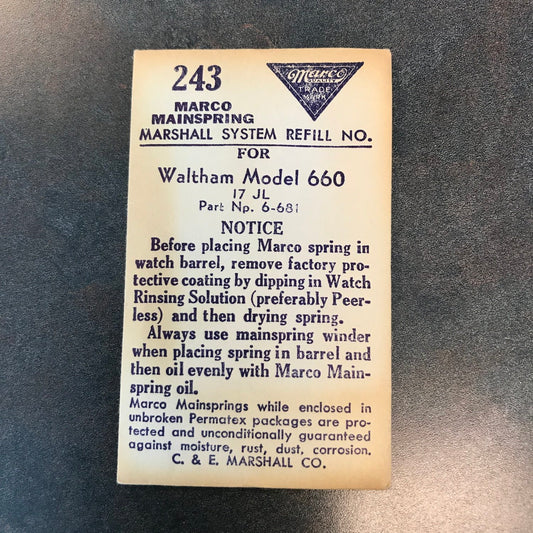 Waltham Mainspring for Model 660 (FF 60) No. 6-681 - Steel