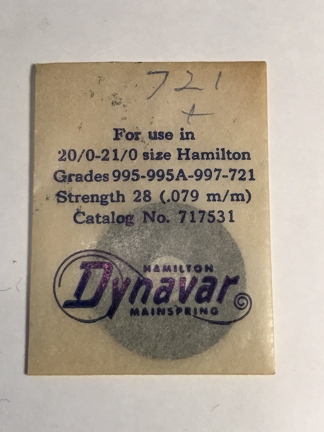 Hamilton Factory Dynavar Mainspring for 20/0 & 21/0s Hamilton No. 717531 - Alloy