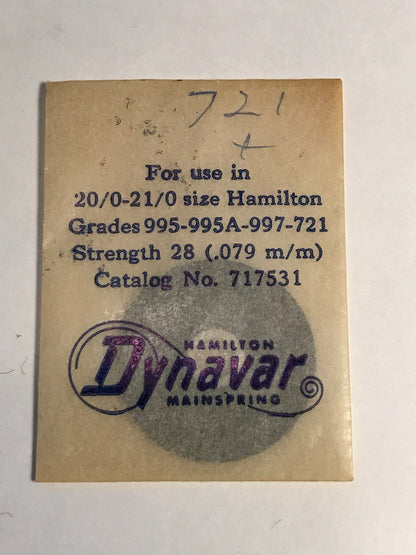 Hamilton Factory Dynavar Mainspring for 20/0 & 21/0s Hamilton No. 717531 - Alloy