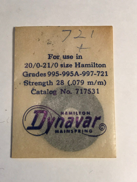 Hamilton Factory Dynavar Mainspring for 20/0 & 21/0s Hamilton No. 717531 - Alloy