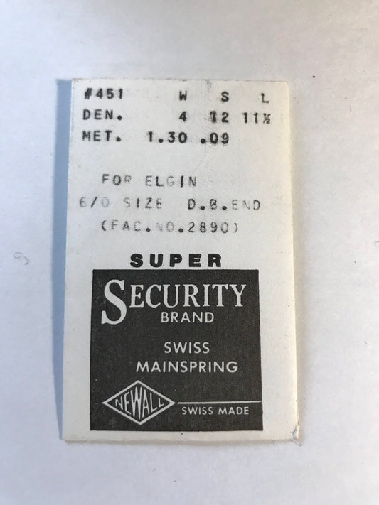 Newall SUPER Security Mainspring #451 for Elgin 6/0s No. 2890 - Alloy