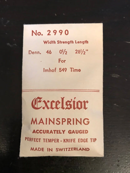 Excelsior #2990 TIME Mainspring for Imhof Model 549 Alarm / Travel Clocks