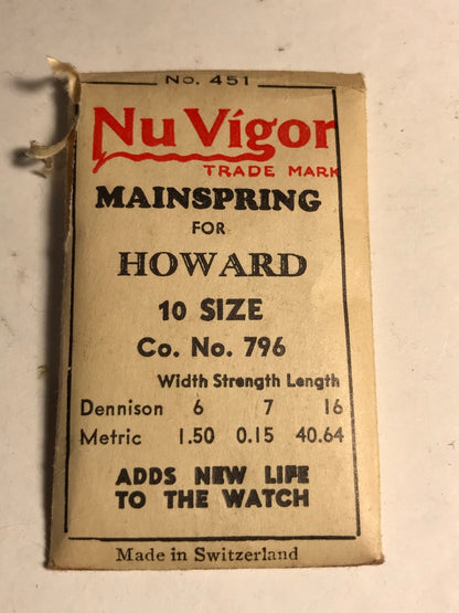 NuVigor Mainspring #451 for Howard 10s Factory No. 796 - Steel