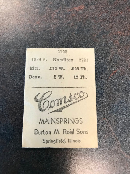 Comsco Mainspring #1122 for Hamilton 18/0s Factory No. 2721 - Steel