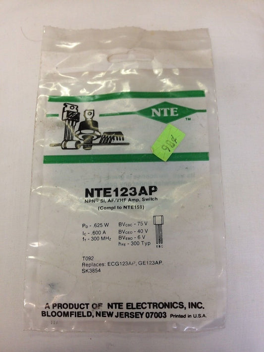 ONE NTE123AP NPN Transistor General Purpose BJT 40 Volt 0.6 Amp 3 Pin TO-9