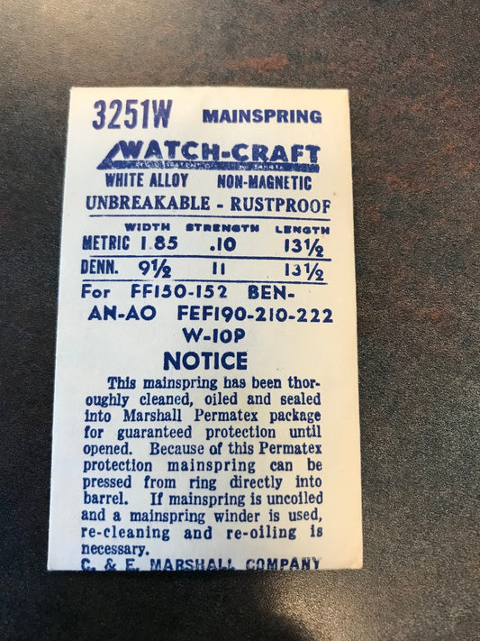 WATCH-CRAFT Mainspring 3251W for FEF caliber 190, 210 & 222 + FF 100 & 152 - Alloy