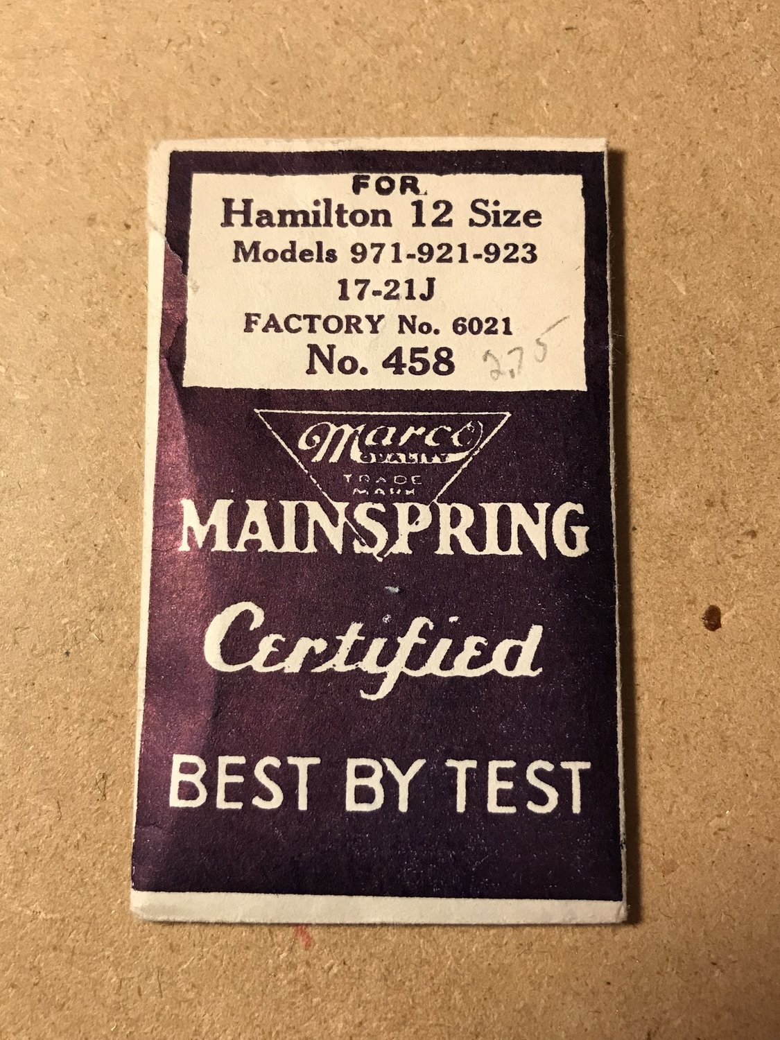 Marco Mainspring #458 for Hamilton 10s No. 6021 - Steel