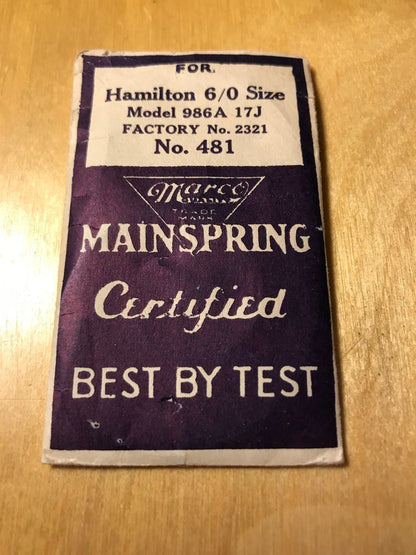 Marco Mainspring #481 for Hamilton 6/0s Factory No. 2321 - Steel